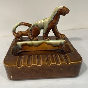 VTG Panther Ashtray Ceramic Animal Old Brown Glazed Decor Home Phil-Mar Kitschy
